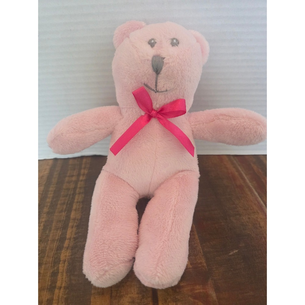 Light Pink‎ Plush Teddy Bear with Hot Pink Satin Ribbon Bow Embroidered Face